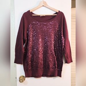 LOFT XL Maroon Sweater Sequins in Same Color Decorate The Front. 3/4 Sleeve